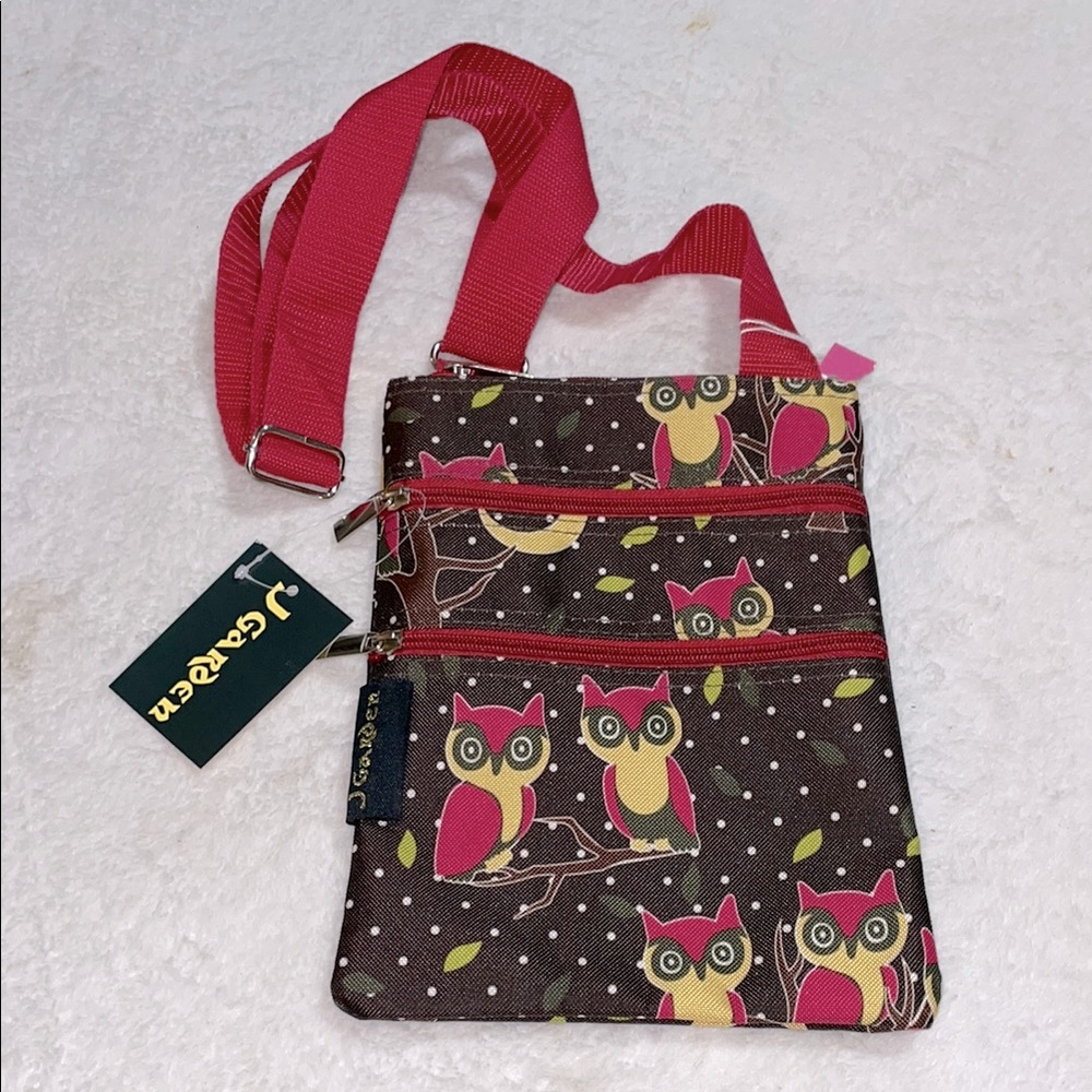 NWT J Garden Owl Print Crossbody Bag - Brown and Pink